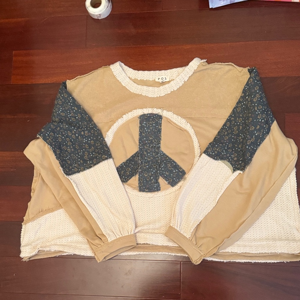 POL Tan and Blue Peace Sign Sweater